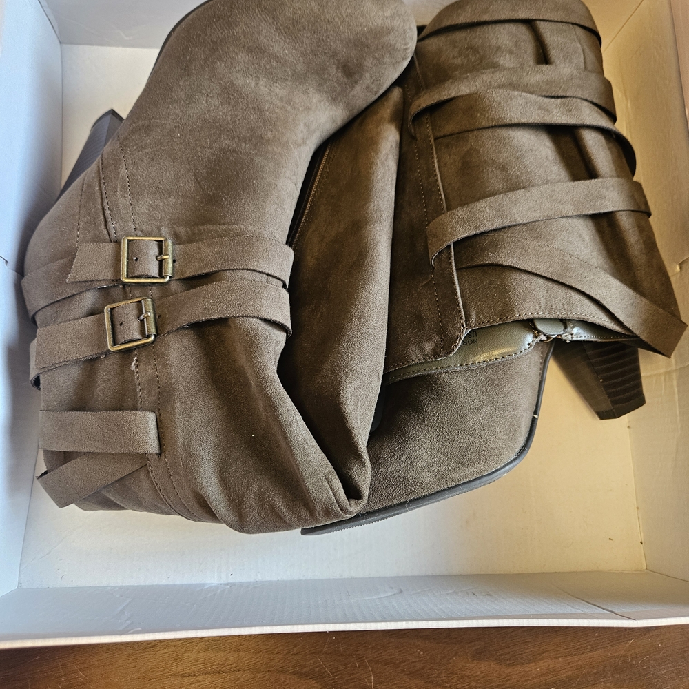 Chic Olive Suede Knee High Boots with Buckles